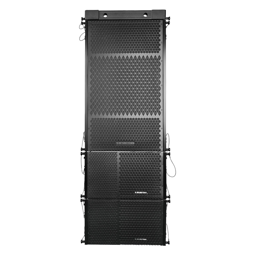 Sound Town ZS-215SP110PX2 | ZETHUS Series Dual 15-inch Line Array Subwoofer and Two 10-inch Line Array Speakers Set with Flying Frame, Black - Front View