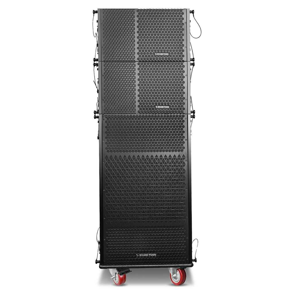 Sound Town ZS-215SP110PX2C | ZETHUS Series Dual 15-Inch Line Array Subwoofer and Two 10-Inch Line Array Speakers Set with Caster Board, Black - Front View