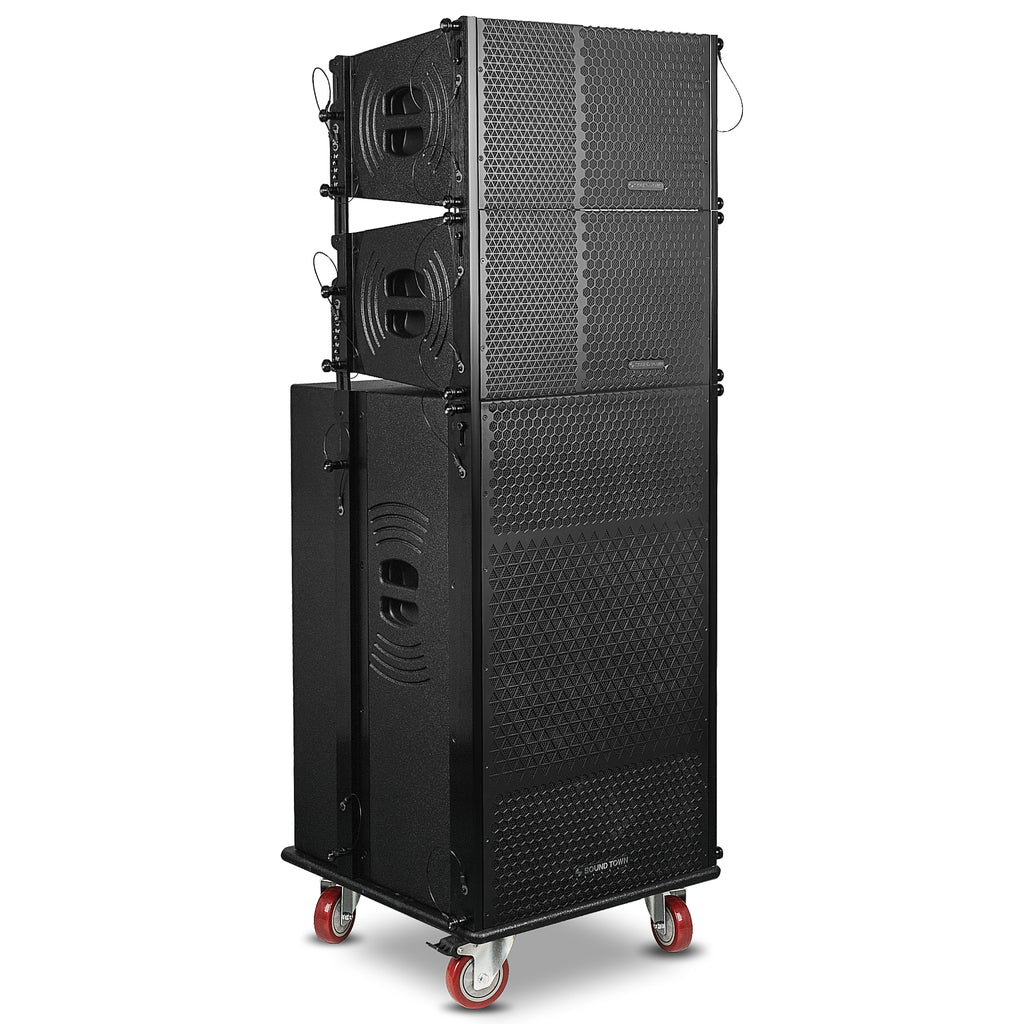 Sound Town ZS-215SP110PX2C | ZETHUS Series Dual 15-Inch Line Array Subwoofer and Two 10-Inch Line Array Speakers Set with Caster Board, Black - Left View