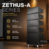 Sound Town ZETHUS-A Series ZS-A210X4A18SC powered line array system with four dual 10" powered line array speakers, an 18" powered subwoofer, Class-D amplification, onboard DSP, and caster board. Supports stacked or flown configurations for live sound, venues, houses of worship, and installations.
