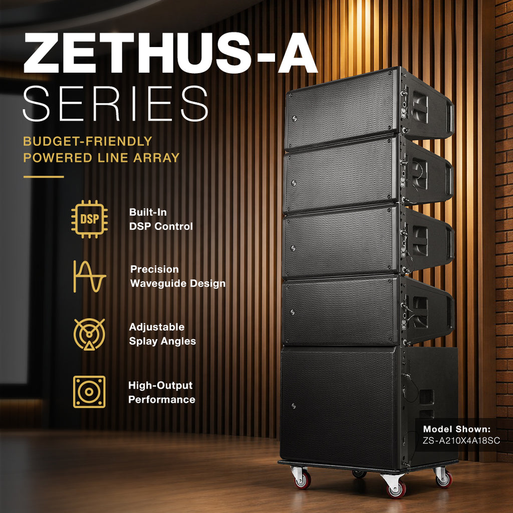Sound Town ZETHUS-A Series ZS-A210X4A18SC powered line array system with four dual 10" powered line array speakers, an 18" powered subwoofer, Class-D amplification, onboard DSP, and caster board. Supports stacked or flown configurations for live sound, venues, houses of worship, and installations.