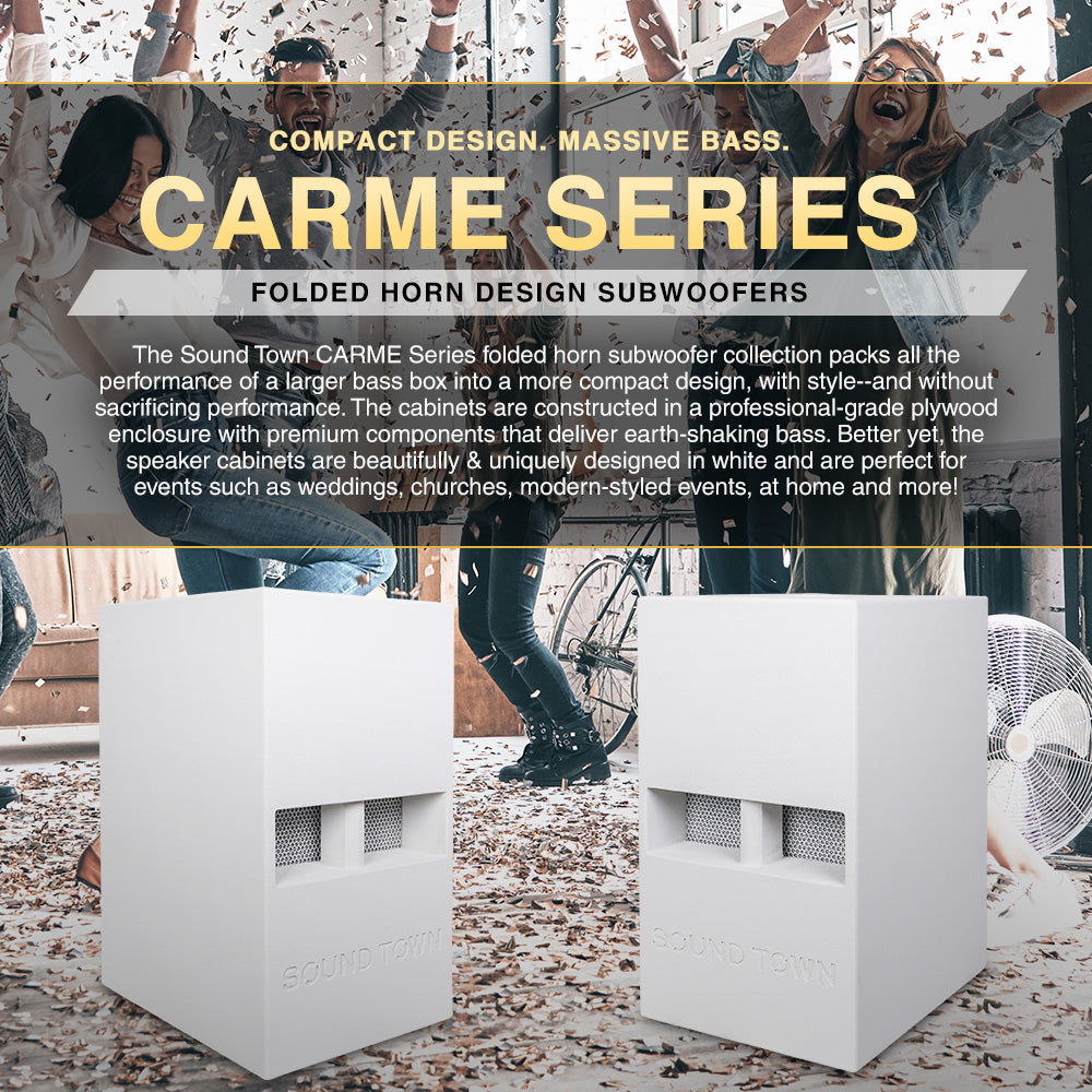 Sound Town CARME-112SWPW-PAIR CARME Series 12” 800W Powered PA/DJ Subwoofer with Folded Horn Design, White - compact design, massive bass