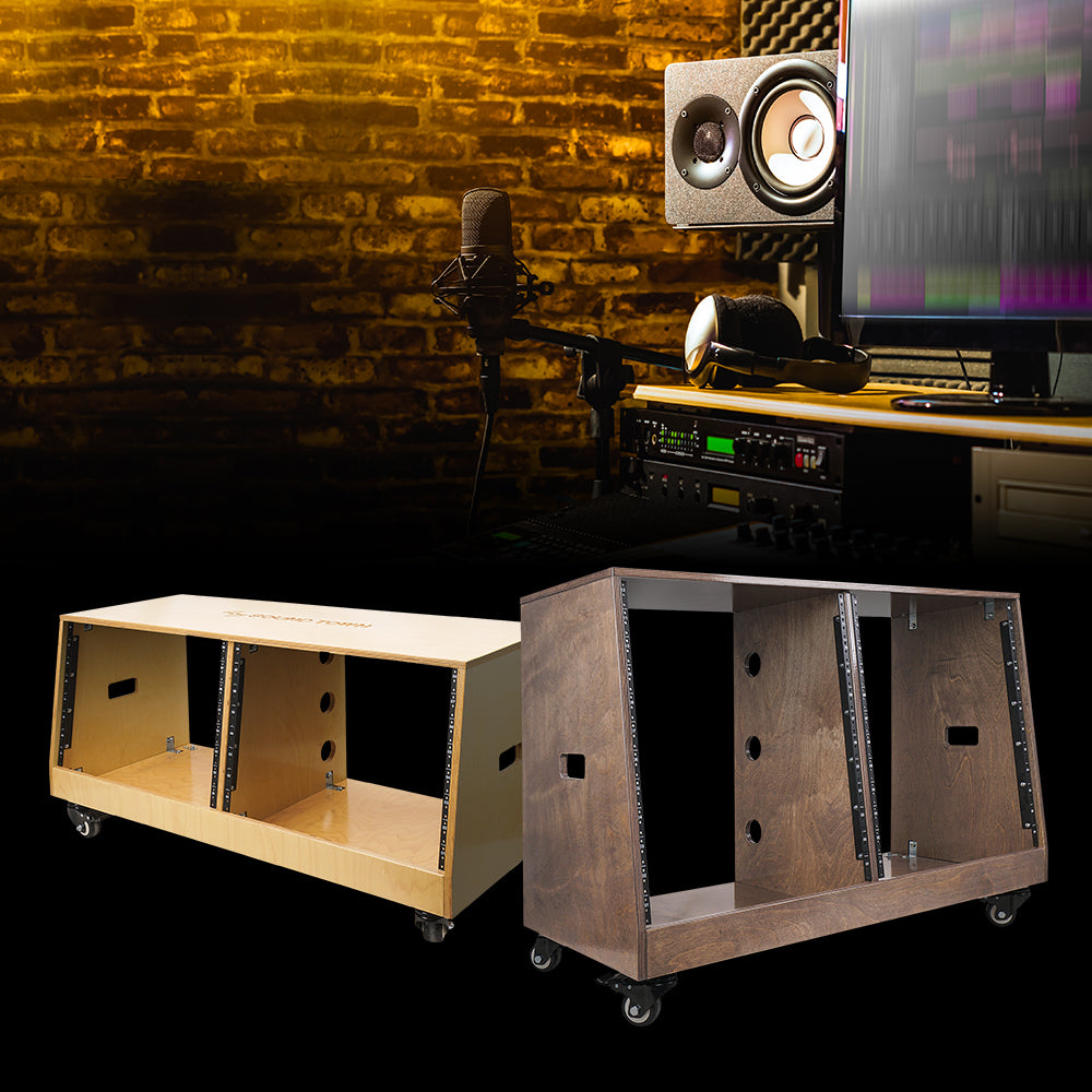 Sound Town SDRK-D8T DIY 2 x 8U Slanted Studio Rack with Baltic Birch Plywood, Casters, Golden Oak, for Recording Room, Home Studio - Music / Audio Devices