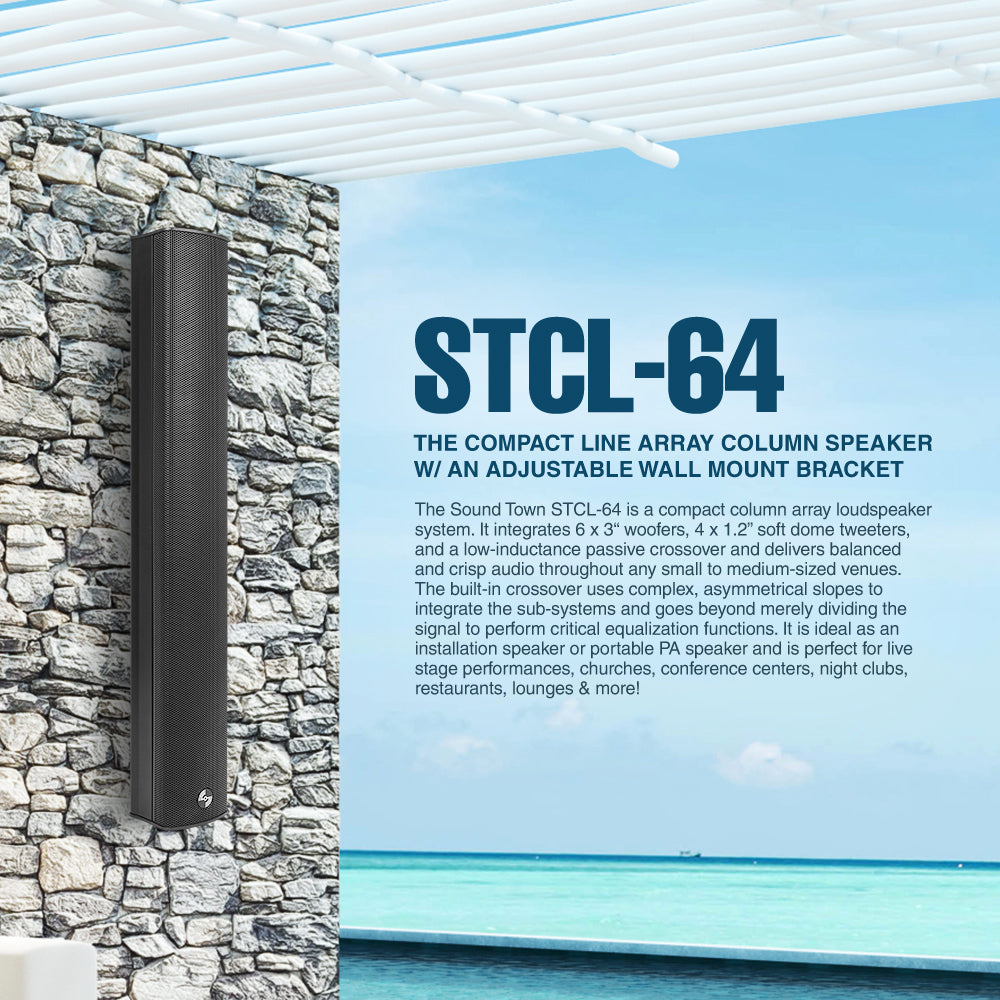Sound Town STCL-64-R Compact Professional Passive Line Array Column Speaker with Adjustable Wall Mount Bracket, 6 x 3" Woofers, 4 x 1.2" Dome Tweeters, Black, for Church, Lounge, Live Event, Refurbished - featured