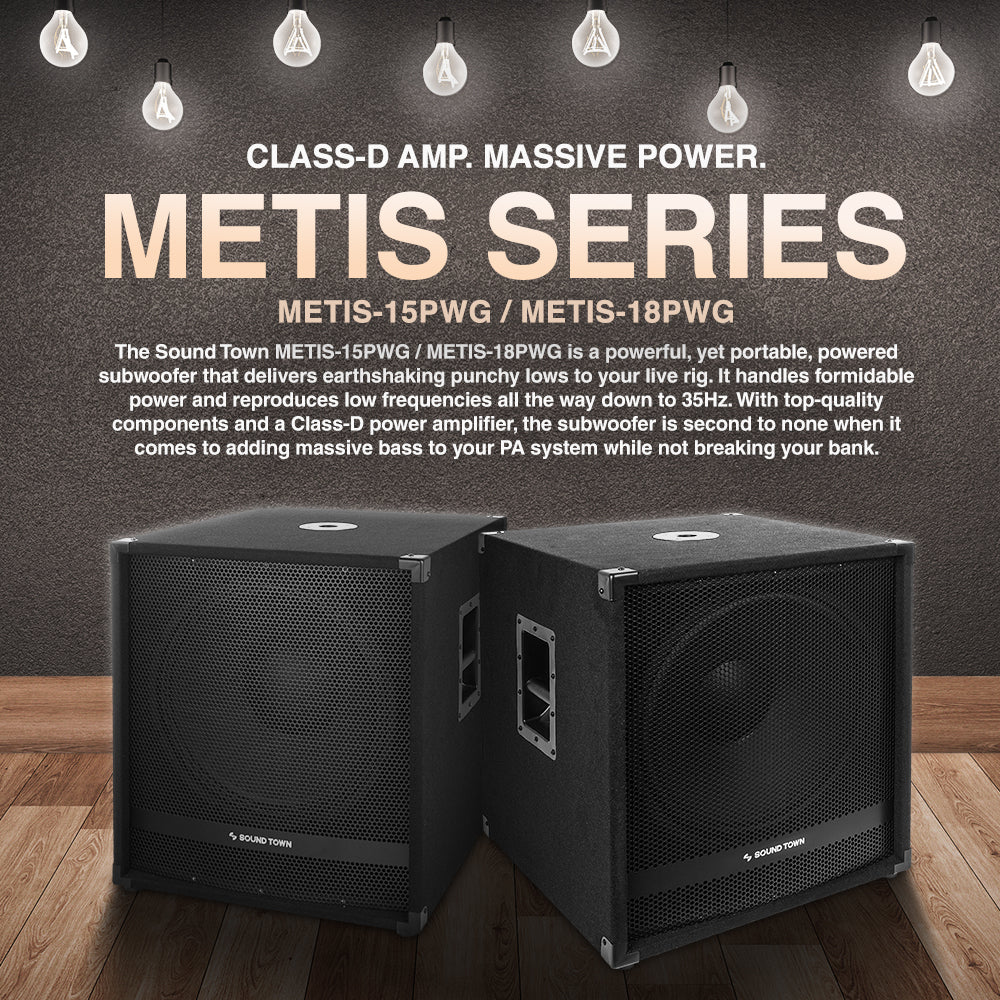 Sound Town METIS-15PWG METIS Series 1800 Watts 15” Powered Subwoofer with Class-D Amplifier, 4-inch Voice Coil, High-Pass Filter - product