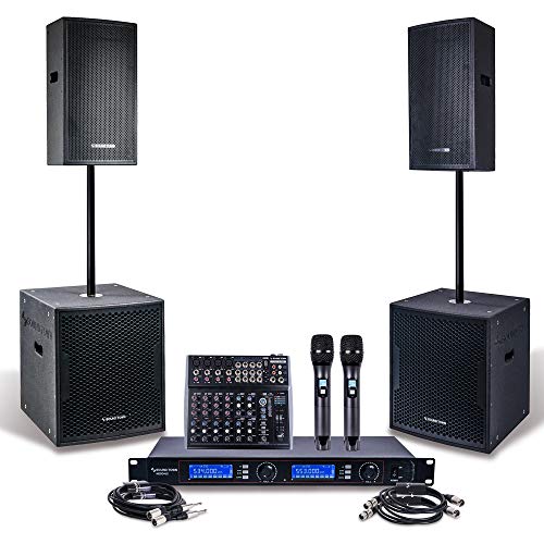 Sound Town Professional Pa System Set with 12 inch Powered Pa Speakers, 15 inch Powered Subwoofers, 200-Channel Wireless Microphone System, 12-Channel