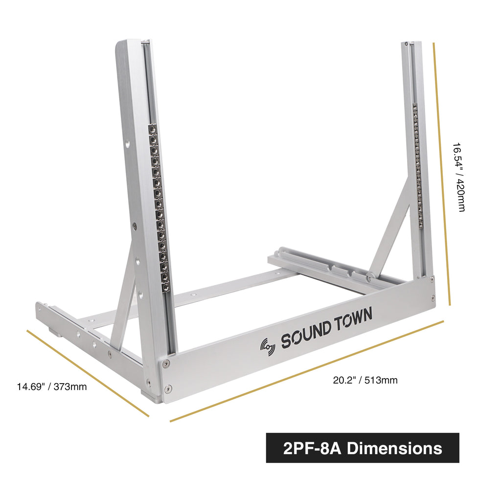 Sound Town 2PF-8A 8U Aluminum 2-Post Desktop Open-Frame Rack, for PA, Audio/Video, Network Switches, Routers, Patch Panels, Angle Adjustable - size & dimensions