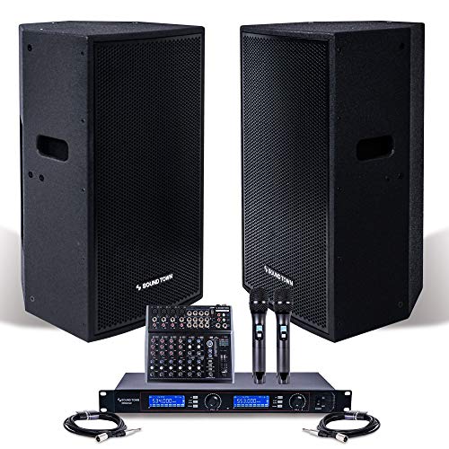 Professional PA System with 15" Powered PA speakers, 200-Channel Wireless Microphone System, 12-Channel Audio Mixer and Audio Cables (NESO-CARME115-S1)