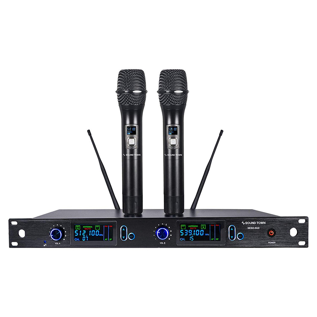 Sound Town NESO-SU2HH NESO Series Metal 200 Channels Professional UHF Wireless Microphone System with Rack Mountable Receiver, 2 Handheld Mics and Auto Scan, for Church, School, Outdoor Wedding, Meeting, Party and Karaoke
