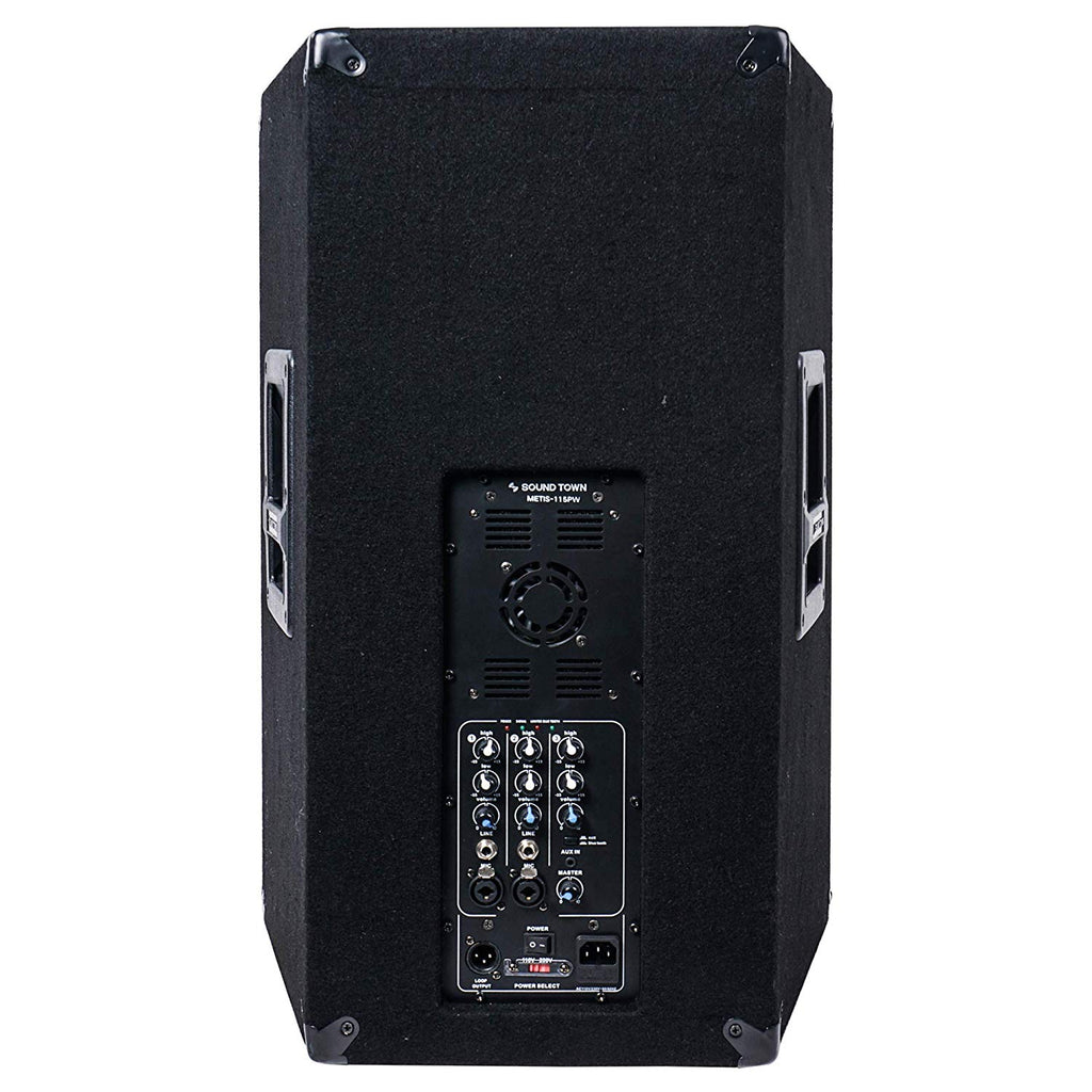   Sound Town METIS-115PW METIS Series 15" 700W 2-Way Full-Range Powered DJ PA Speaker w/ Bluetooth, Titanium Compression Driver, 3-Channel Mixer - back panel