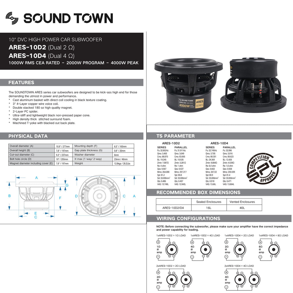 Sound Town ARES-10D4 10" Dual Voice Coil 1000W Car Audio Subwoofer, Dual 4-Ohm, CEA Rated - technical specifications, features, physical data, ts parameter, recommended box dimensions, wiring configurations, Refurbished