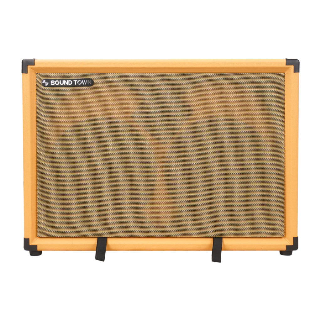 Sound Town BGC210OR | 2 x 10“ 400W Bass Cabinet w/ Horn, 8-ohm, Birch Plywood, 50oz Magnet, 3” Voice Coil, Orange Tolex - front panel