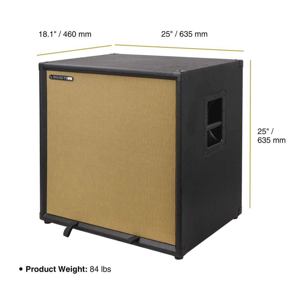 Sound Town BGC410BK 4 x 10“ 800W Bass Cabinet w/ Horn, 8-ohm, Birch Plywood, Black Tolex - size and dimensions