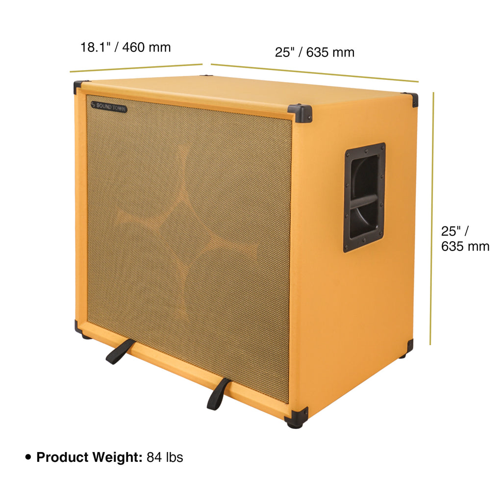 Sound Town BGC410OR | 4 x 10“ 800W Bass Cabinet w/ Horn, 8-ohm, 50oz Magnet, 3” Voice Coil, Birch Plywood, Orange Tolex - size & dimensions