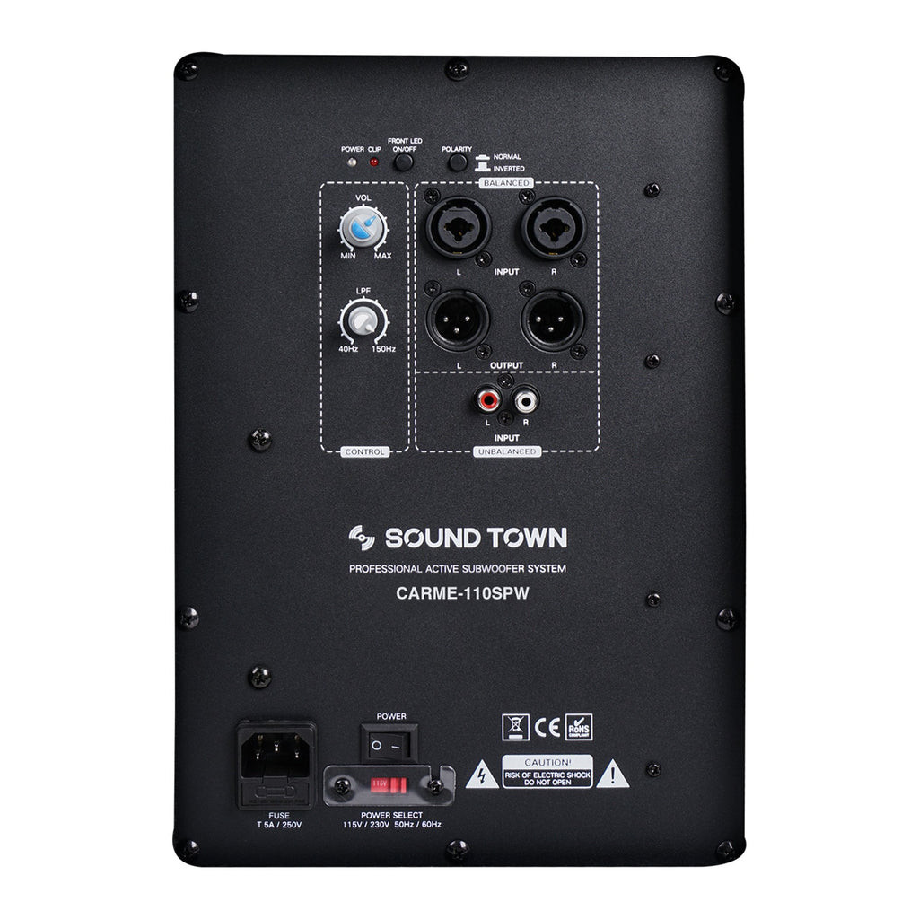 Sound Town CARME-110SPW CARME Series 10” 600W Powered PA/DJ Subwoofer with Folded Horn Design, Black - Amp Module