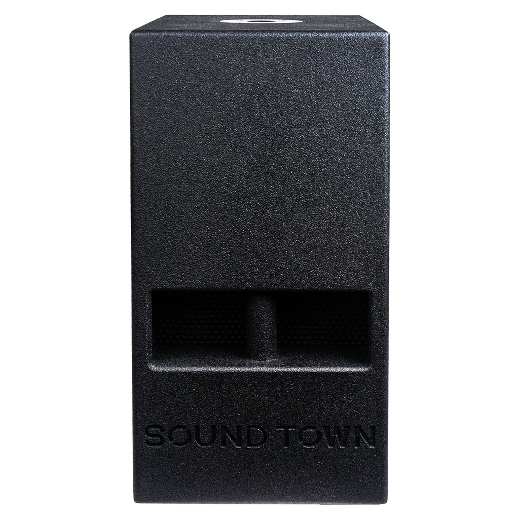 Sound Town CARME-110SPW CARME Series 10” 600W Powered PA/DJ Subwoofer with Folded Horn Design, Black - Front Panel