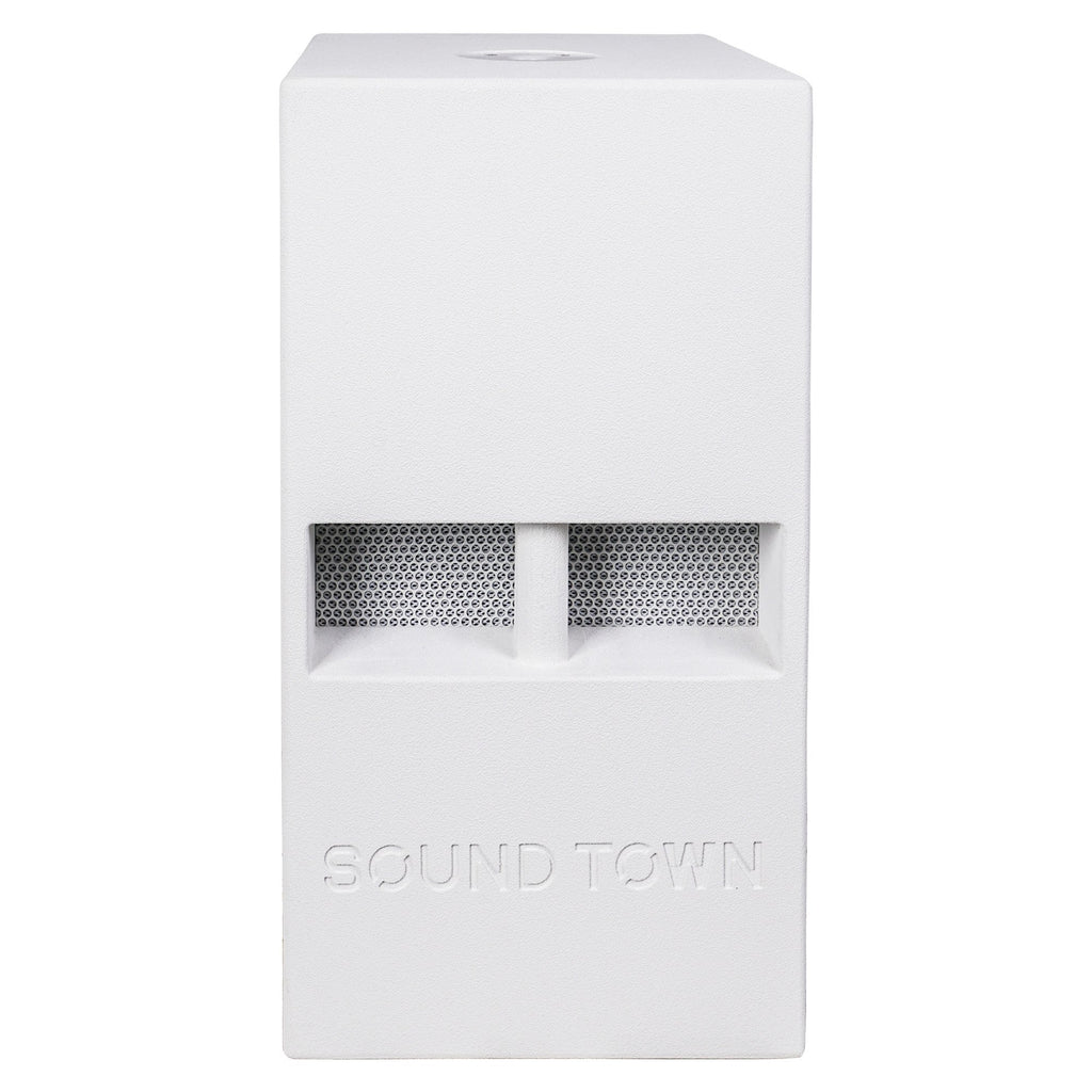 Sound Town CARME-110SWPW-PAIR CARME Series 10” 600W Powered PA/DJ Subwoofer with Folded Horn Design, White - Front Panel