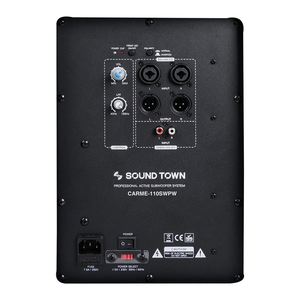 Sound Town CARME-110SWPW-R CARME Series 10” 600W Powered PA/DJ Subwoofer with Folded Horn Design, White, Refurbished - Amp Plate
