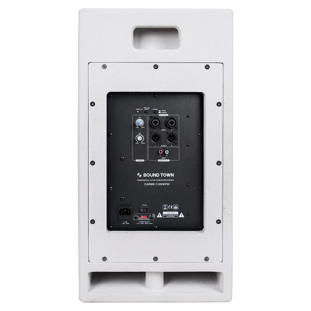 Sound Town CARME-110SWPW-R CARME Series 10” 600W Powered PA/DJ Subwoofer with Folded Horn Design, White, Refurbished - Back Panel