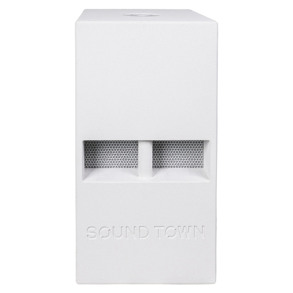 Sound Town CARME-110SWPW-R CARME Series 10” 600W Powered PA/DJ Subwoofer with Folded Horn Design, White, Refurbished - Front Panel