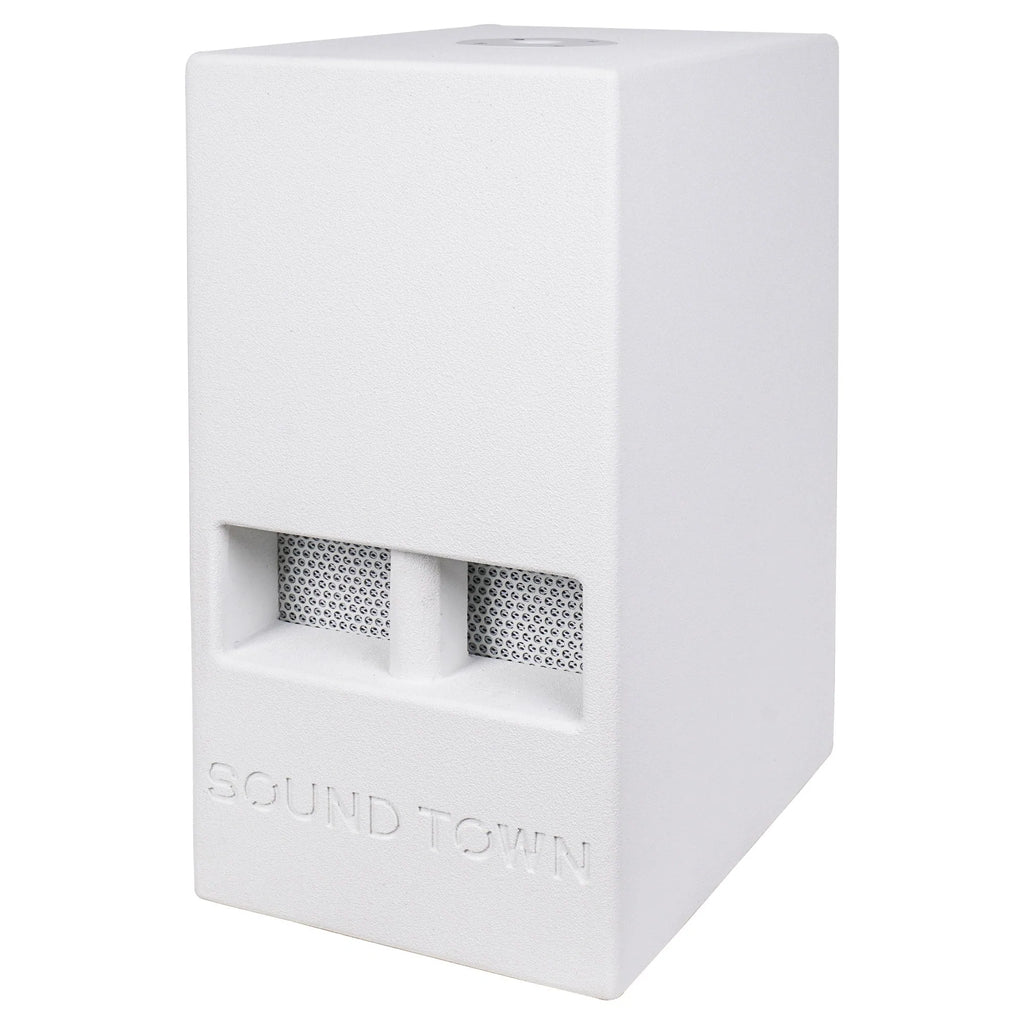 Sound Town CARME-110SWPW-R CARME Series 10” 600W Powered PA/DJ Subwoofer with Folded Horn Design, White, Refurbished - Left Panel