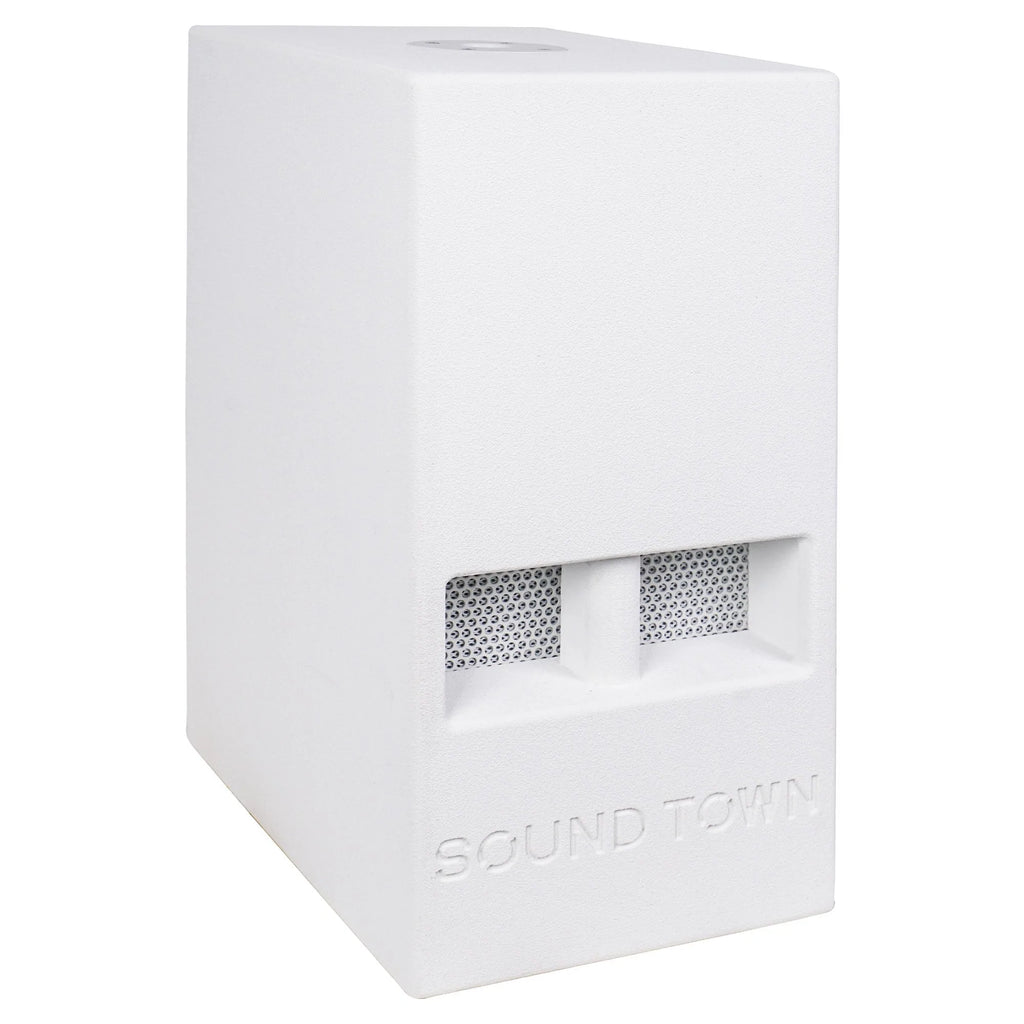 Sound Town CARME-110SWPW-R CARME Series 10” 600W Powered PA/DJ Subwoofer with Folded Horn Design, White, Refurbished - Right Panel