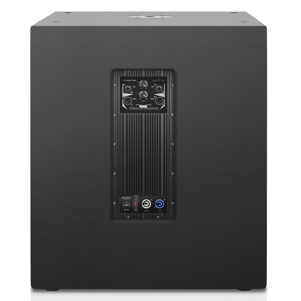 Sound Town CARME-112BPW15SPW CARME Series 1400W 15" Powered Subwoofer with DSP, Plywood, Black - Back Panel