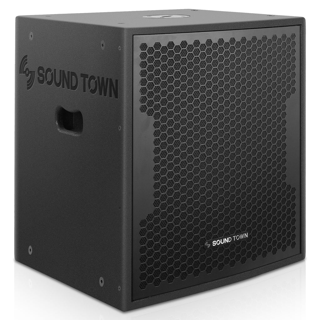 Sound Town CARME-112BPW15SPW CARME Series 1400W 15" Powered Subwoofer with DSP, Plywood, Black - Right Panel