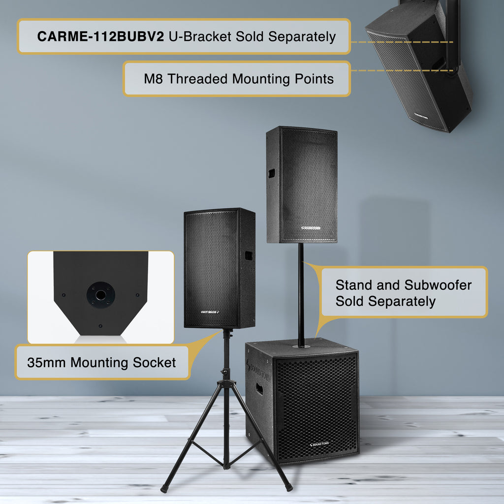 Sound Town CARME-112BV2 CARME Series 12" 600W 2-Way PA DJ Monitor Speaker, Black w/ Compression Driver for Installation, Live Sound, Karaoke, Bar, Church - Compatible U-Bracket, M8 Threaded Mounting Points, 35mm Mounting Socket, Stand and Subwoofer Sold Separately