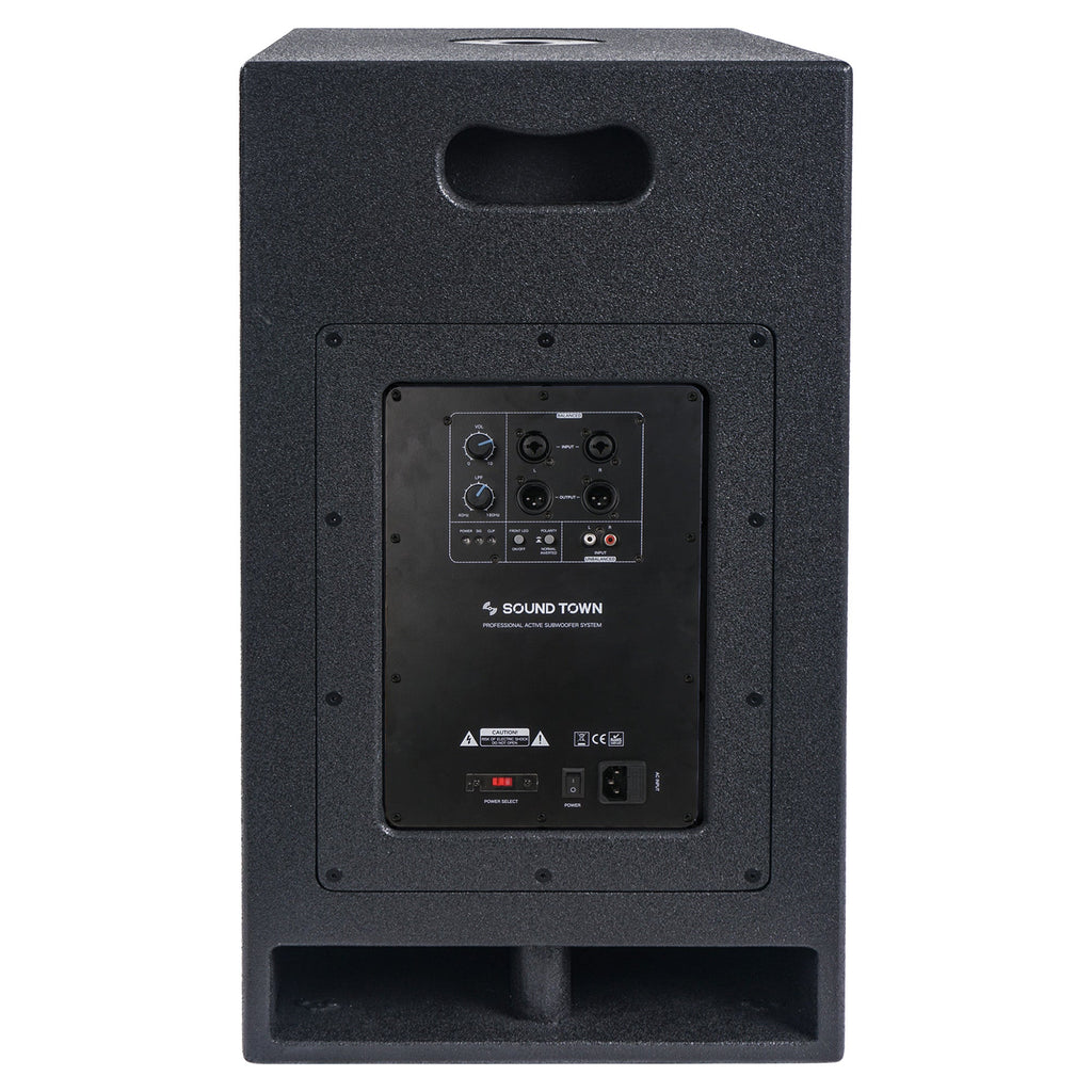 Sound Town CARME-112SPW-R CARME Series 12” 800W Powered PA/DJ Subwoofer with Folded Horn Design, Black, Refurbished - Back Panel