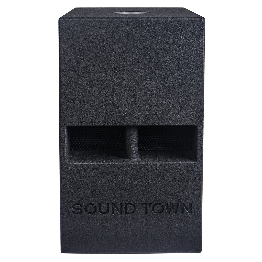 Sound Town CARME-112SPW CARME Series 12” 800W Powered PA/DJ Subwoofer with Folded Horn Design, Black - Front Panel
