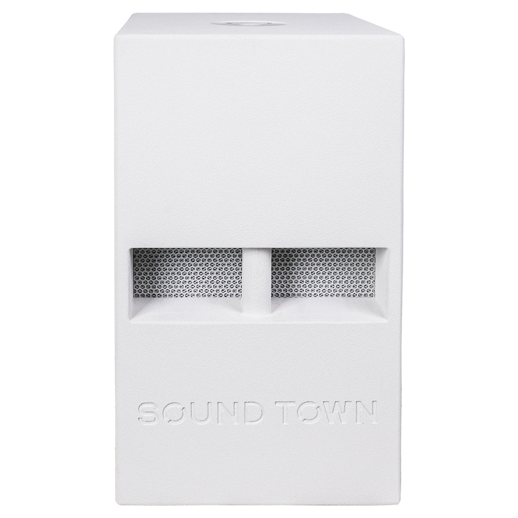 Sound Town CARME-112SWPW-PAIR CARME Series 12” 800W Powered PA/DJ Subwoofer with Folded Horn Design, White - Front Panel