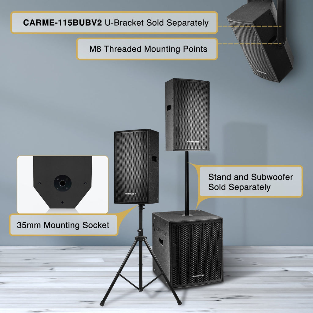 Sound Town CARME-115BPW-R CARME Series 15" 2-Way Powered Professional PA DJ Monitor Speaker, Black w/ Compression Driver for Installations, Live Sound, Karaoke, Bar, Church, Refurbished - Versatile Applications: Compatible U-Bracket, 35mm Mounting Socket, M8 Threaded Mounting Points, Stand and Subwoofer Sold Separately