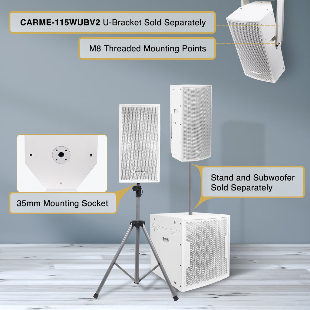 Sound Town CARME-115WPW CARME Series 15" 2-Way Powered Professional PA DJ Monitor Speaker, White w/ Compression Driver for Installation, Live Sound, Karaoke, Bar, Church - Versatile Applications