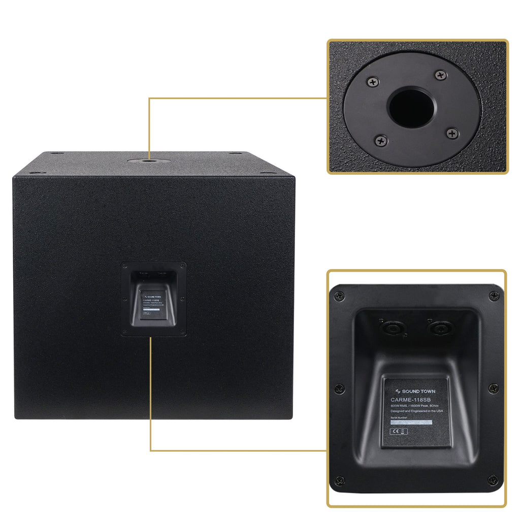 Sound Town CARME-118SB-R CARME Series 18" 1600W PA/DJ Passive Subwoofer, Refurbished - Back Panel & Mounting Hole for Speaker Pole