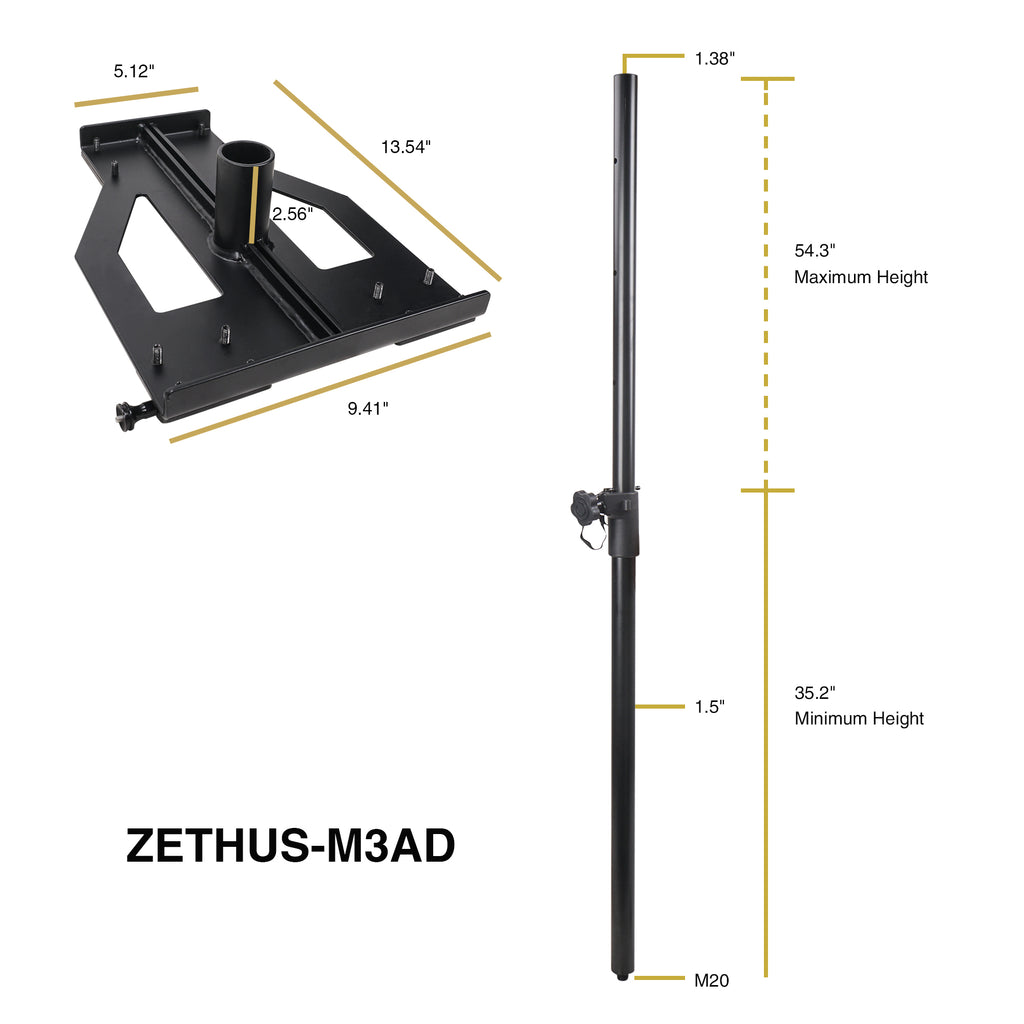 Sound Town CARME-18M3 Subwoofer Speaker Stand and Mounting Adapter for ZETHUS-M3 Line Array - Size and Dimensions