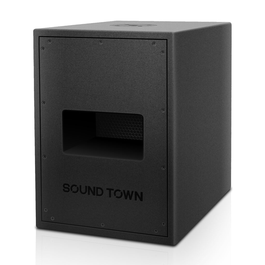 Sound Town CARME-208S CARME Series Dual 8" 800W Passive PA DJ Subwoofer with Folded Horn Design, Black, for Lounge, Club, Bar, Theater, Restaurant, Church - left panel