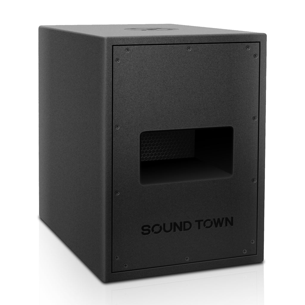 Sound Town CARME-208S CARME Series Dual 8" 800W Passive PA DJ Subwoofer with Folded Horn Design, Black, for Lounge, Club, Bar, Theater, Restaurant, Church - right panel 4-ohm