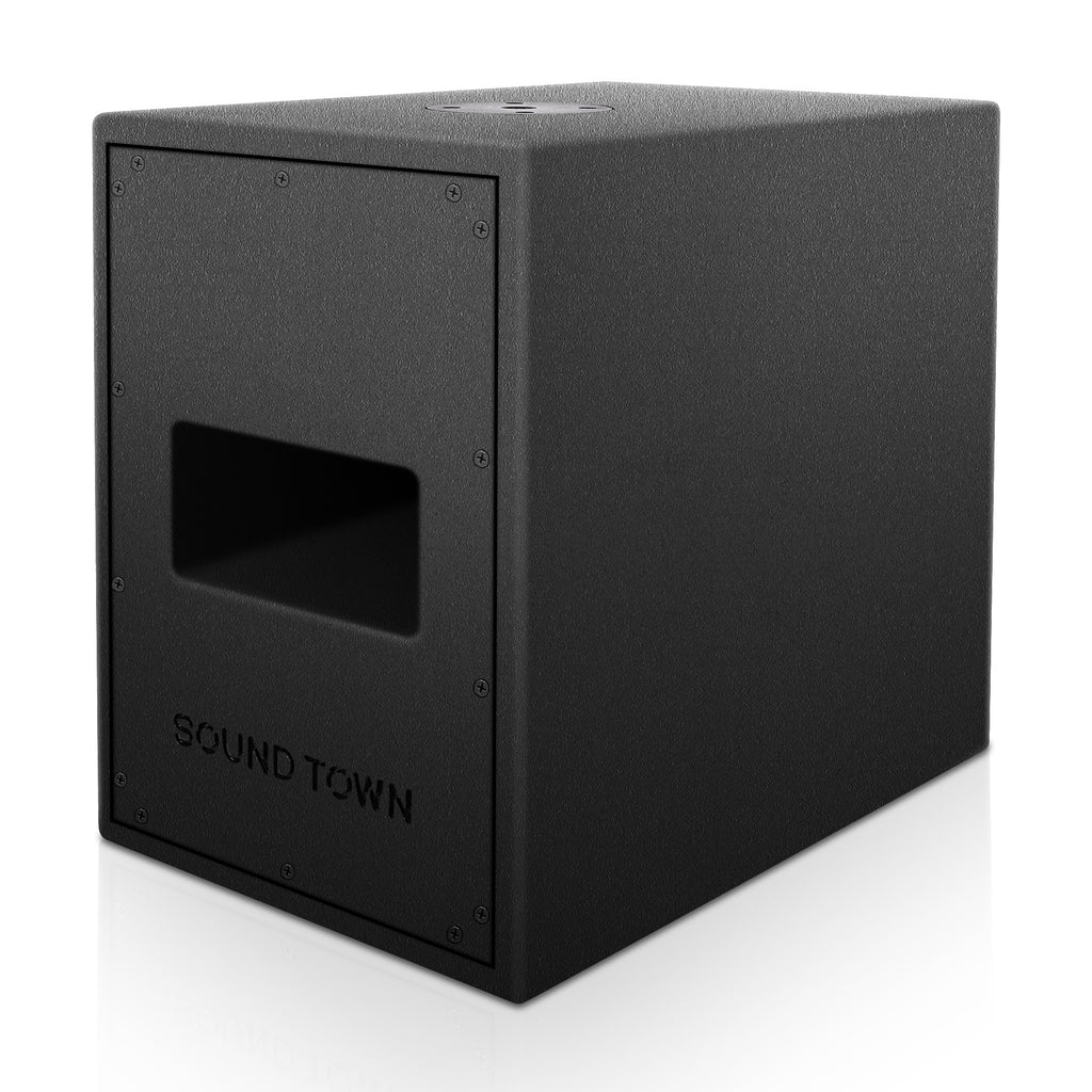 Sound Town CARME-28M3 Dual 8" 2000W Powered PA Subwoofer with Speaker Output, DSP, Plywood for Lounge, Club, Bar, Theater, Restaurant, Church - Left Panel