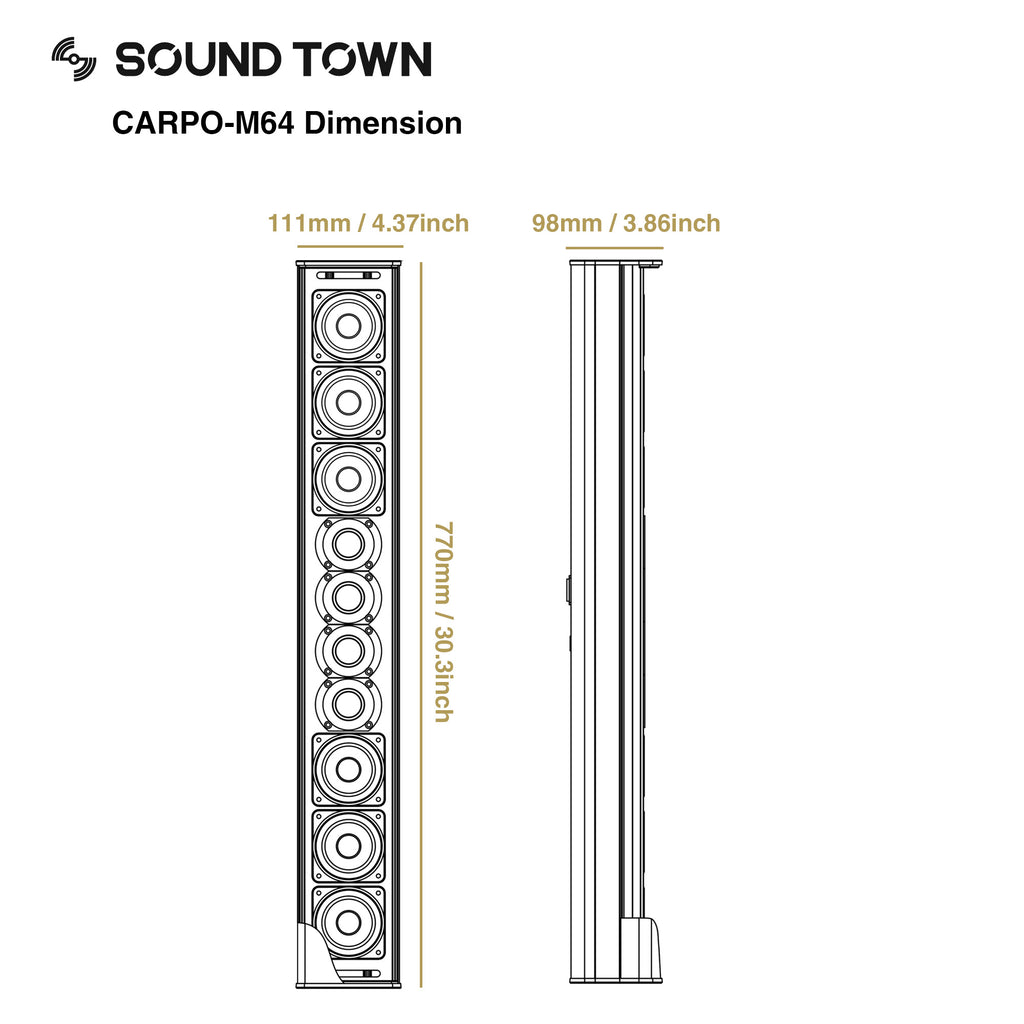 Sound Town CARME-28M64 Compact Professional Line Array Column Speaker with Wall Mount Bracket, 6 x 3" Woofers, 4 x 1.2" Dome Tweeters, Black, for Church, Lounge, Installation, Restaurants - Size and Dimensions