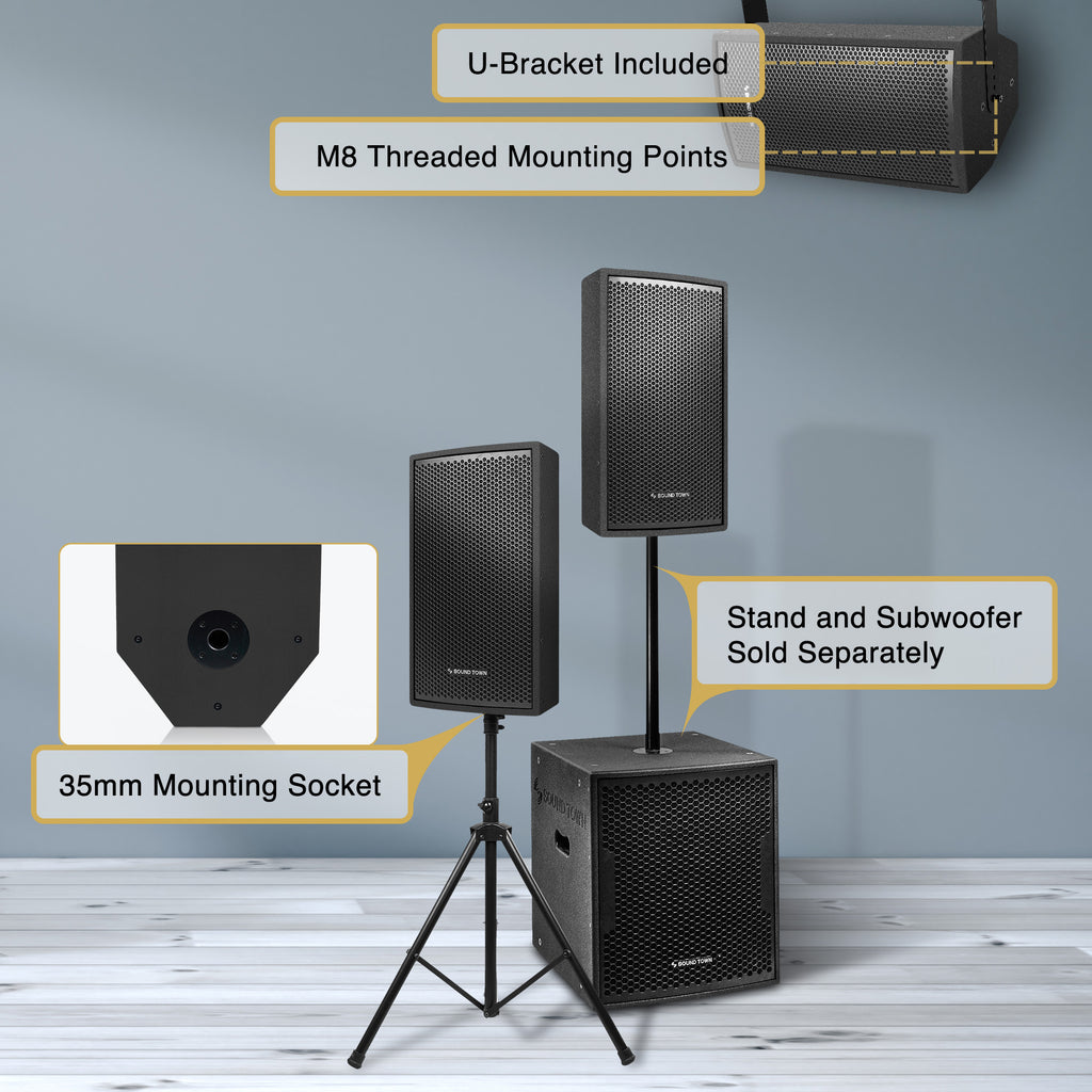 Sound Town CARME-U108B CARME Series 8" Passive 350W 2-Way Professional Wall-Mount Stage Monitor Loudspeaker, Black with Compression Driver and U Bracket for Commercial Audio Installation, Live Sound, Karaoke, Bar, Church - Versatile Applications