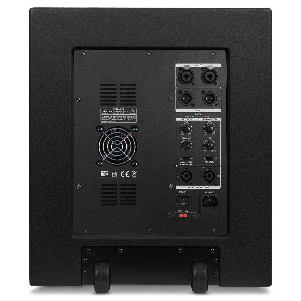 Sound Town CARPO-15SPW | CARPO Series 15” Powered PA Subwoofer with 2 Speaker Outputs, 1600W, LPF, Birch Plywood, Black - Back Panel Input and Outputs