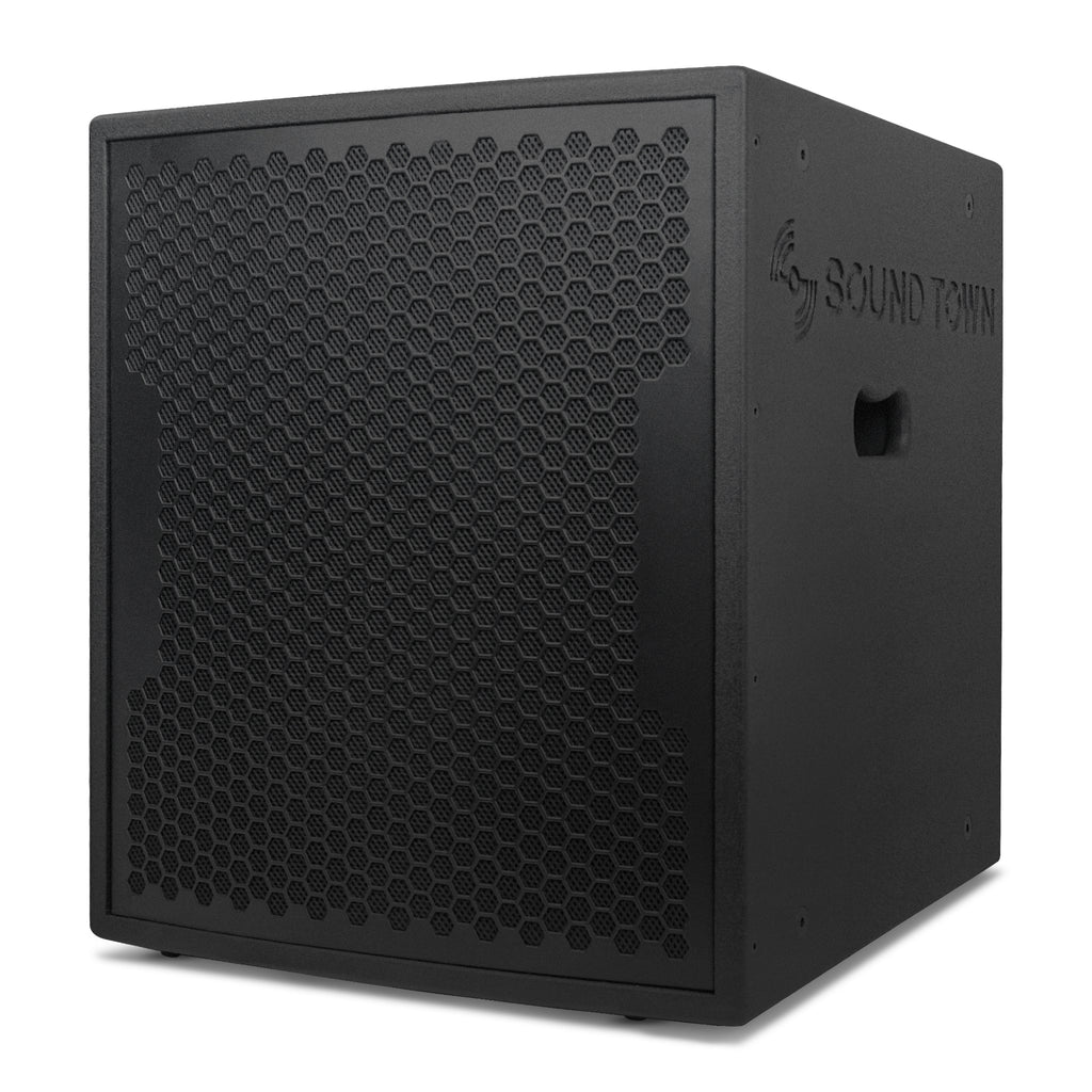 Sound Town CARPO-15SPW | CARPO Series 15” Powered PA Subwoofer with 2 Speaker Outputs, 1600W, LPF, Birch Plywood, Black - Left Panel