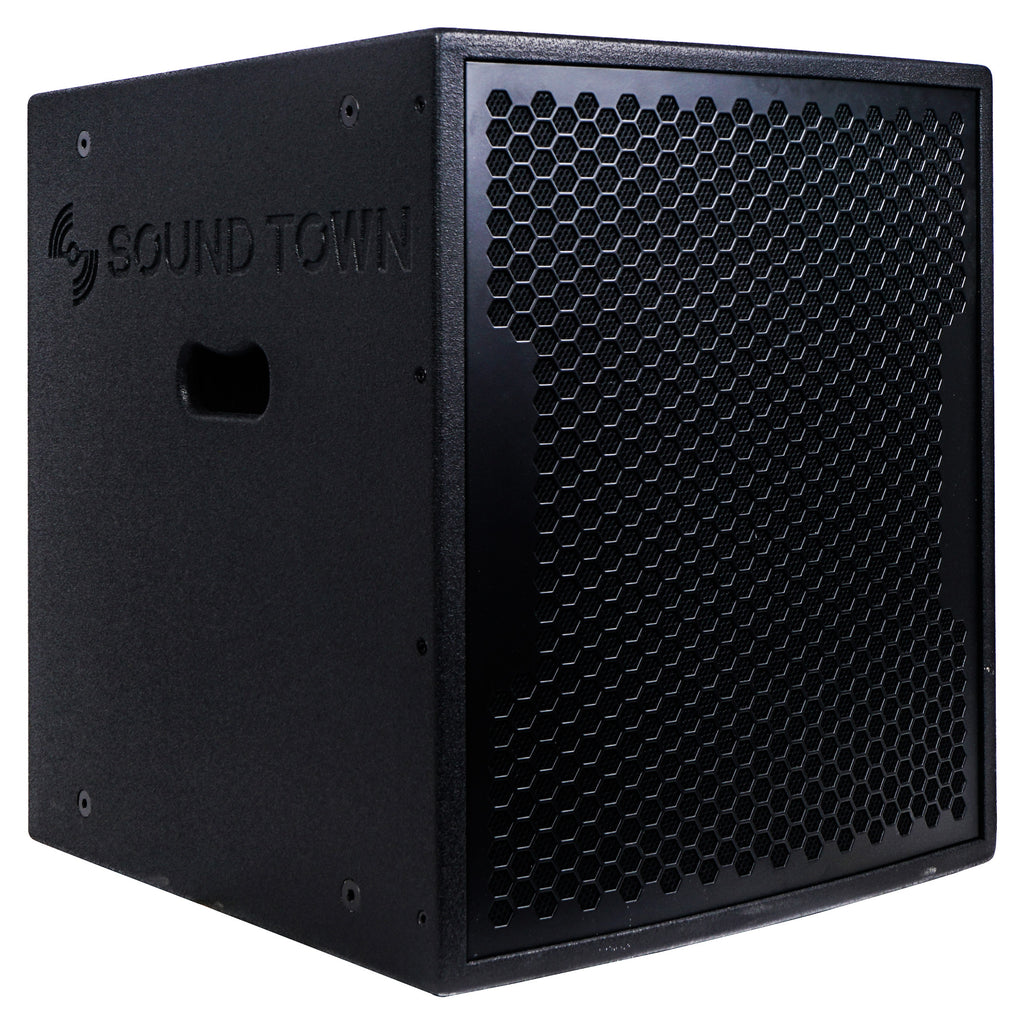 Sound Town CARPO-15SPW-PAIR CARPO Series 2-Pack 15-inch 1600W Powered PA DJ Subwoofers with Speaker Outputs, Plywood Enclosure and Wheels, Black - Right Panel with Recessed Carry Handles