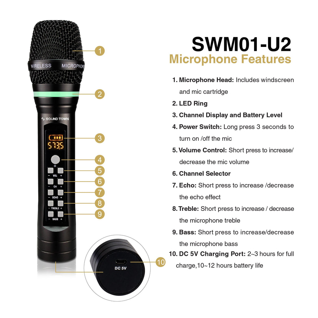 Sound Town CARPO-L1SWM01 100-Channel UHF Rechargeable Wireless Handheld Microphone System with Bluetooth, Built-in Effects, 1/4" Mini Portable Receiver for Karaoke, Events, Church, Meetings - Features