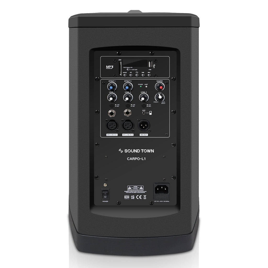 Sound Town CARPO-L1SWM01 Portable Line Array Column PA/DJ System w/ 200W RMS, 8" Subwoofer, 1 x Speaker, 2 x Spacers, TWS Bluetooth, 3-Channel Mixer, Carry Bag  - Back Panel