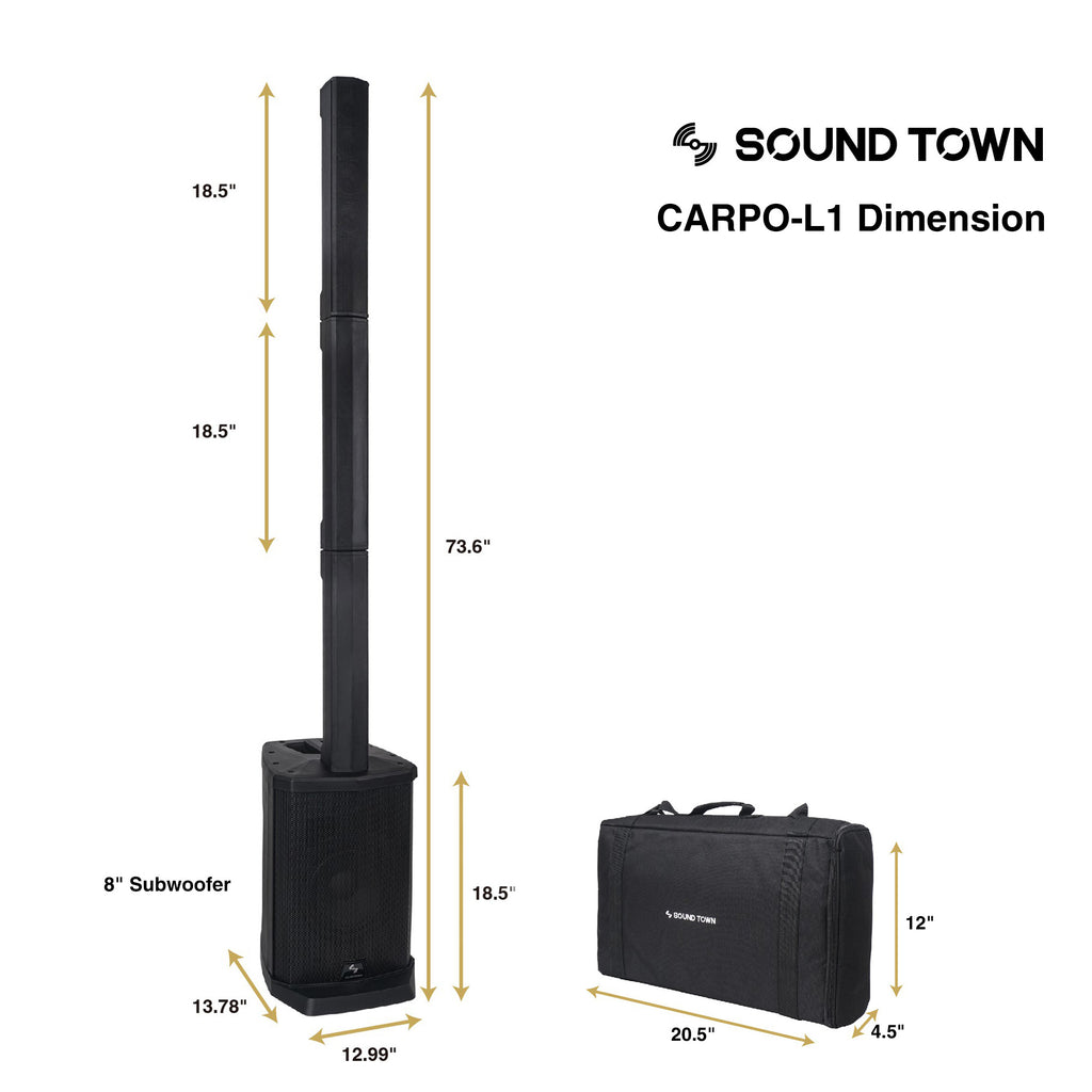 Sound Town CARPO-L1SWM01 Portable Line Array Column PA/DJ System w/ 200W RMS, 8" Subwoofer, 1 x Speaker, 2 x Spacers, TWS Bluetooth, 3-Channel Mixer, Carry Bag - Size & Dimensions