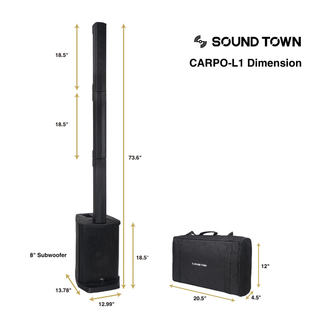 Sound Town CARPO-L1-R Compact Portable Mini Line Array Column PA DJ System, Refurbished - Size & Dimensions
