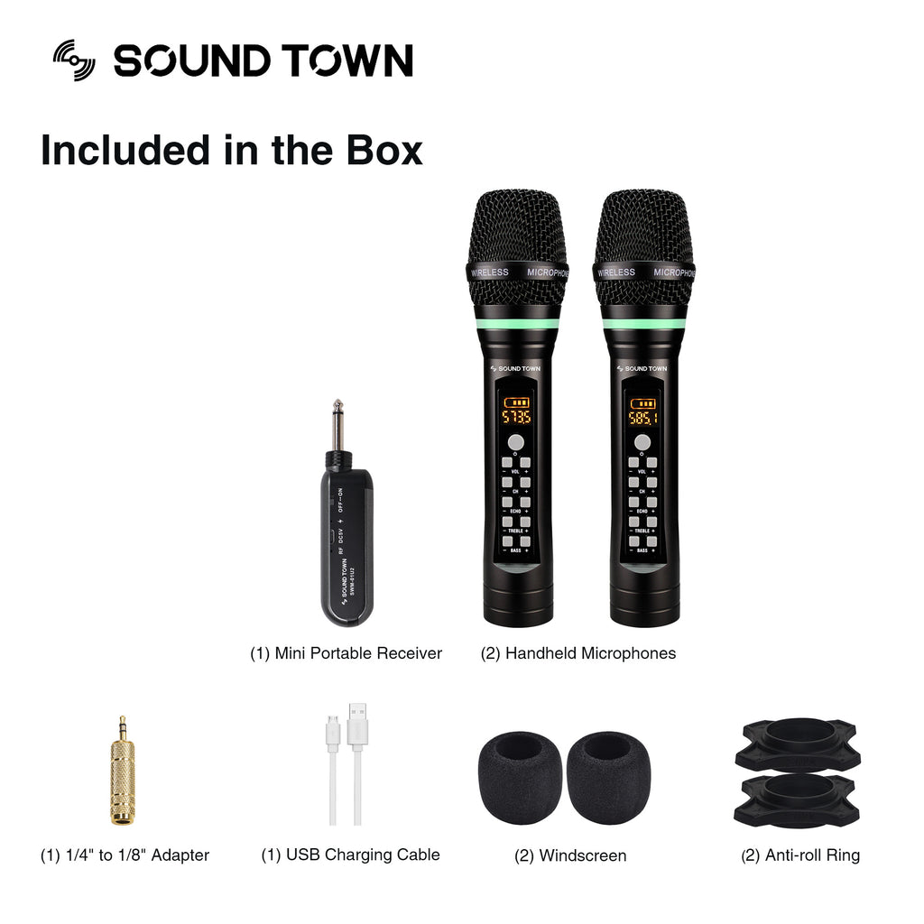 Sound Town CARPO-L2SWM01 100-Channel UHF Rechargeable Wireless Handheld Microphone System with Bluetooth, Built-in Effects, 1/4" Mini Portable Receiver for Karaoke, Events, Church, Meetings - Package Contents, Included in the Box