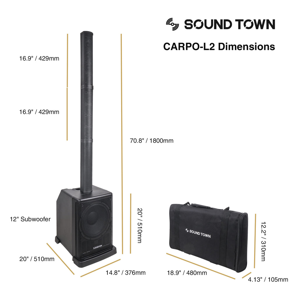 Sound Town CARPO-L2SWM01 Portable Line Array Column PA System w/ 12" Powered Sub, 2 x Speakers, 1 x Spacer, TWS Bluetooth, 2-Channel Mixer, DSP, Carry Bag - Size and Dimensions